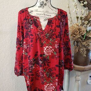 NWT Pioneer Woman Burgundy Floral 3/4 Sleeves Blouse Size XL